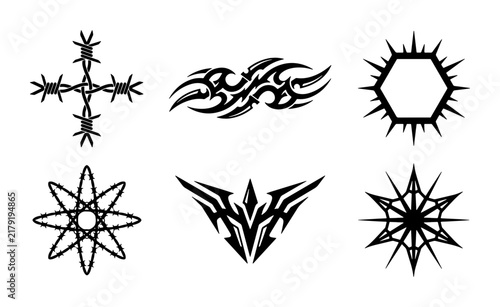 Tribal Tattoo Designs, Abstract Geometric Ornaments, Black Ink Vector Graphics Set for Body Art and Decorative Elements