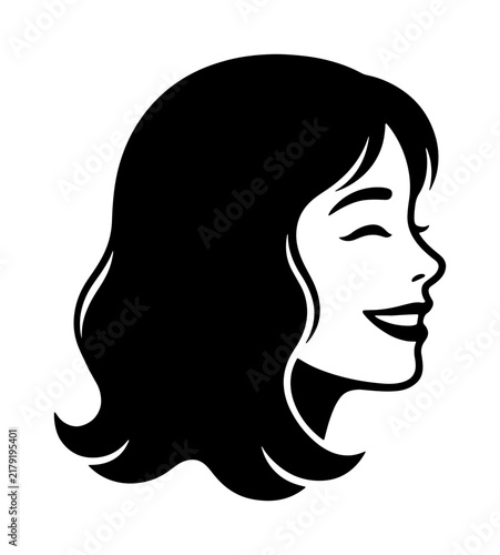 Smiling Woman Profile Vector, Happy Female Face Silhouette, Joyful Person Head Illustration, Black and White Graphic Design Element