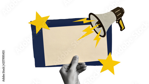 Hand holding blank paper with megaphone and stars, isolated on transparent background