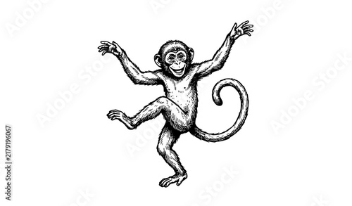 Sticker Dancing Monkey Hand Drawn Sketch Isolated on White Background