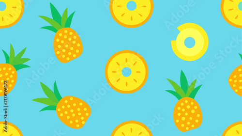 Pineapples and slices on a blue background