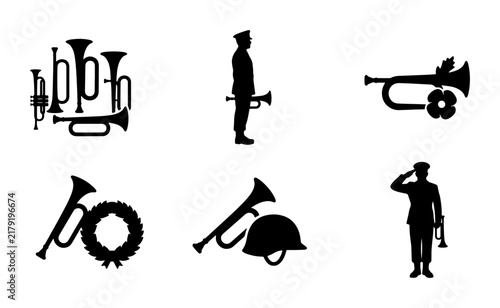 Картината върху платно Military Bugle and Soldier Silhouettes, Vector Icons Set: Remembrance, Ceremony,
