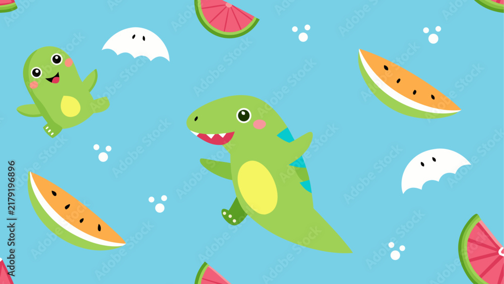 Fototapeta premium Cartoon dinosaurs and watermelons pattern