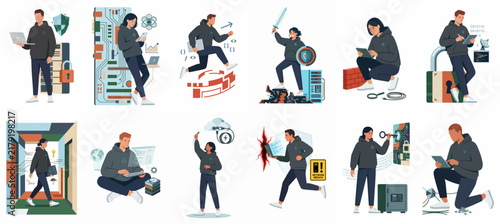 A diverse collection of flat vector illustrations featuring hackers and cybersecurity professionals engaged in various activities related to digital defense and data security.