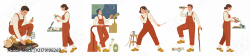 Flat vector illustrations of diverse scientists and researchers in orange overalls conducting various exploratory and scientific activities, isolated on a white background.