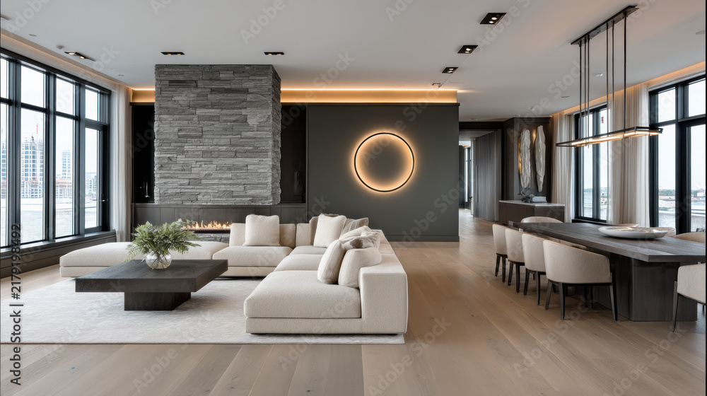 Obraz premium Modern living room with beige sectional sofa, stone fireplace, circular wall light, large windows, wooden floor, and open dining area
