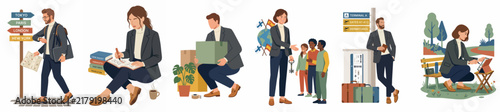 Flat vector illustration set of people in various life situations including moving house, traveling, teaching children, studying, and working outdoors.