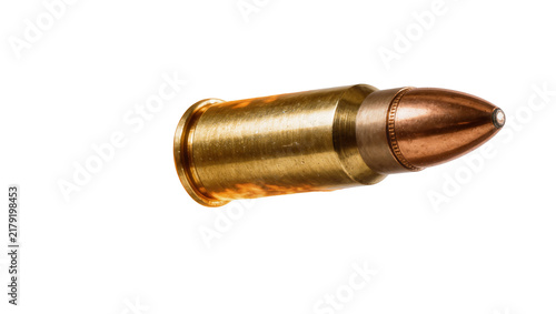 Photography Golden brass bullet casing with copper projectile, isolated on transparent backg