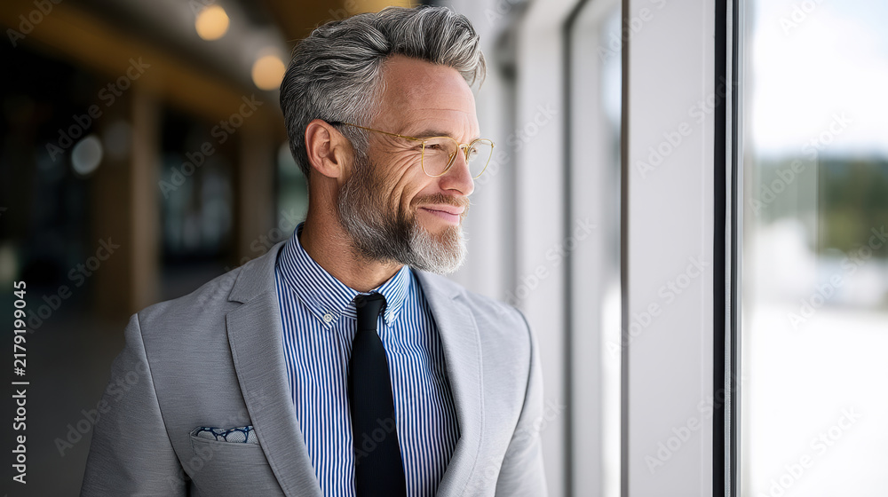 Fototapeta premium Confident mature male advisor in gray suit and glasses smiling while looking out window in modern office setting