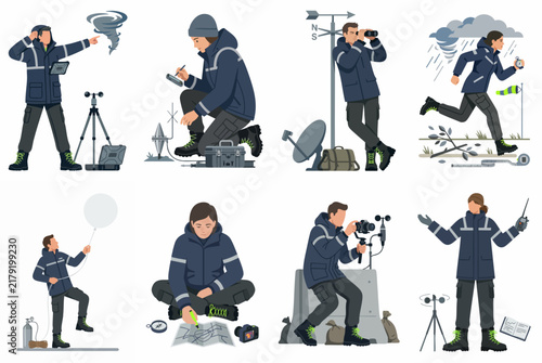 Collection of vector illustrations depicting meteorologists and weather scientists performing field observations, using scientific equipment, and analyzing data in various conditions.