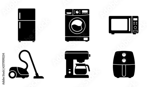 Set of 6 Black Silhouette Home Appliances Icons: Refrigerator, Washing Machine, Microwave, Vacuum Cleaner, Coffee Maker, Air Fryer, Vector Graphics for Kitchen and Household Use