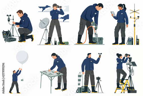Flat vector illustrations of researchers and scientists conducting meteorological field work, including weather monitoring, data collection, and equipment maintenance.