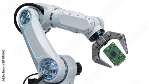 Canvas Print White industrial robotic arm precisely holding a green circuit board, isolated o