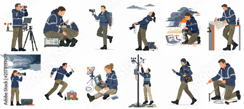 A collection of illustrations depicting professional storm chasers and meteorologists monitoring, tracking, and documenting extreme weather conditions using specialized scientific equipment.