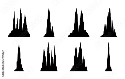 Set of 8 Black Silhouette Stalagmite and Stalactite Icons, Cave Rock Formations, Geological Elements for Nature and Adventure Graphics