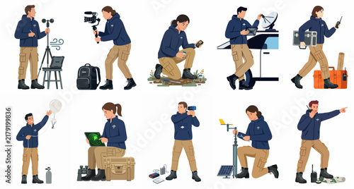 Collection of illustrations depicting storm chasers and meteorologists using various technical equipment for weather monitoring and field research on a white background.