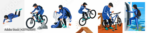 Collection of illustrations showing a woman in a blue jumpsuit participating in extreme sports such as skydiving, mountain biking, and rock climbing.