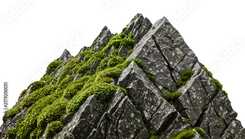 Konstfotografi Jagged grey rock formation with lush green moss, isolated on transparent backgro