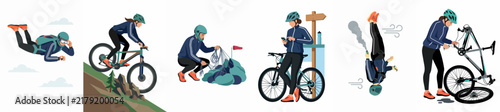 Vector illustrations of an active person skydiving, mountain biking down hills, repairing a bike, and picking up litter in nature.