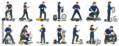 Collection of vector illustrations featuring men and women bicycle mechanics and cyclists working with various tools and bike parts on a white background.
