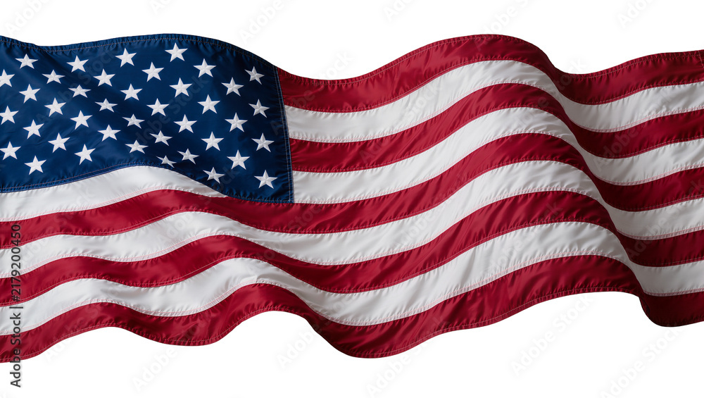 Obraz premium Waving American flag with red and white stripes and blue field with stars, isolated on transparent background
