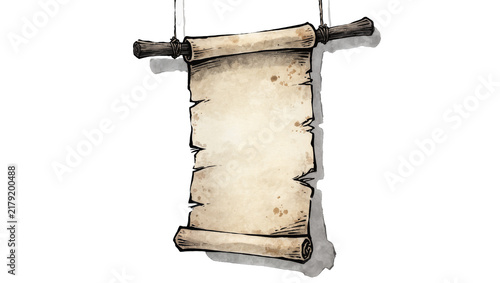 Obraz na płótnie Old parchment scroll with torn edges hanging from wooden dowels, isolated on tra