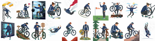Collection of adventure illustrations featuring a character in various outdoor activities like mountain biking, skydiving, and hiking against a white background.