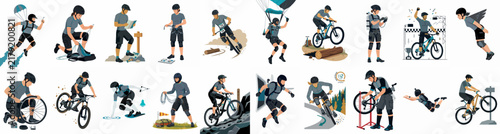 Comprehensive set of illustrations featuring various outdoor extreme sports including mountain biking, paragliding, skiing, and climbing activities on a white background.
