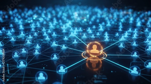 Digital network of blue person icons featuring one highlighted orange avatar, capturing customer segmentation and target audience identification for marketing strategy and big data analytics.