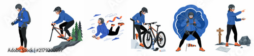 Illustrations of a man engaged in various outdoor adventure activities including mountain biking, hiking, skydiving, and wilderness exploration.