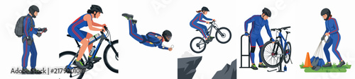 Collection of illustrations featuring extreme sports athletes engaged in skydiving, BASE jumping, mountain biking, and equipment maintenance, all in blue suits.