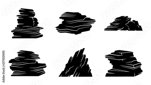 Set of 6 Black Rock Formations, Stacked Stone Elements, Jagged Mountain Peaks, Natural Geology Graphics, Minimalist Stone Art