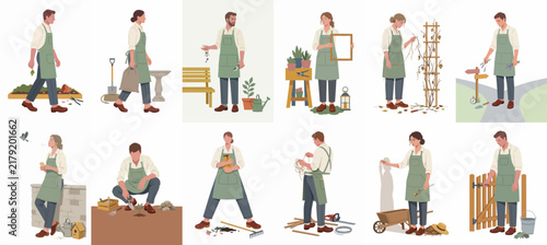 Collection of diverse gardeners engaged in various outdoor activities like planting, pruning, and woodworking in a minimalist flat illustration style.
