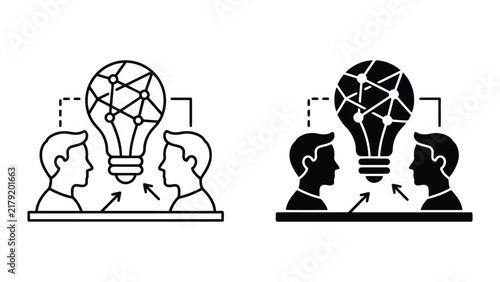 Brainstorming and creative idea development icons with brainstorming, innovation