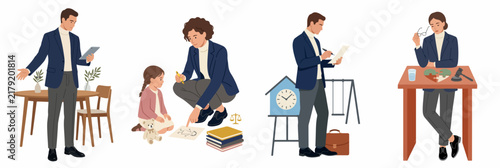 Flat illustration set of legal professionals balancing busy careers with family life, featuring parenting, office work, and time management scenarios.