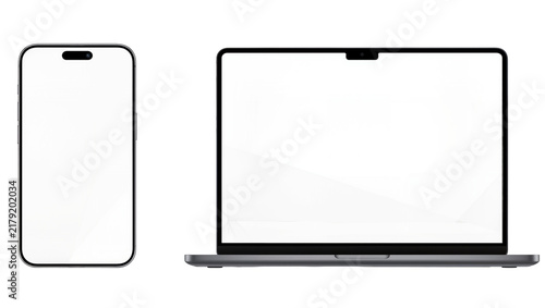 Modern smartphone and laptop with blank screens  isolated on transparent background