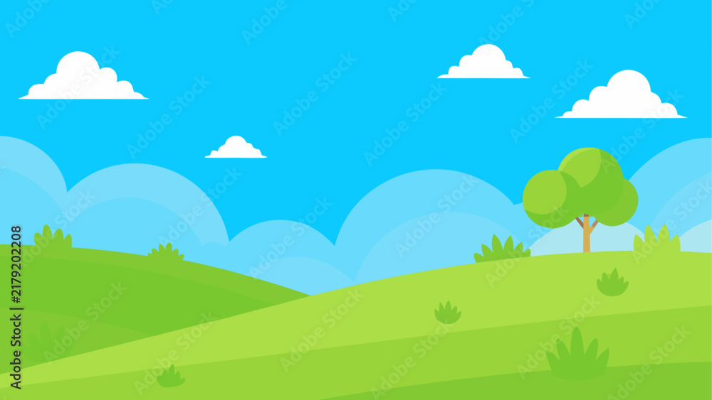 Fototapeta premium Cartoon landscape with tree and clouds sky