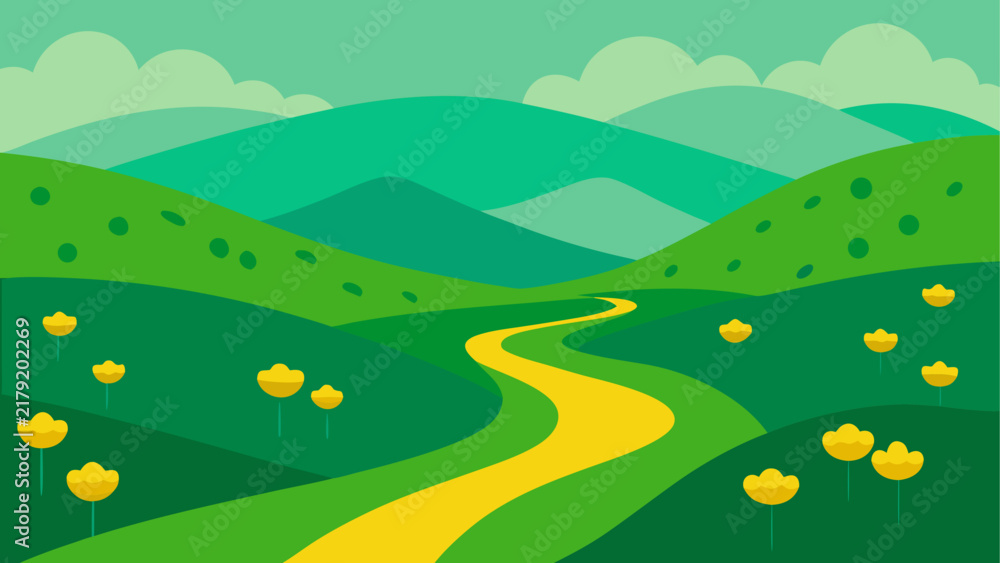 Fototapeta premium Green hills with yellow road and flowers
