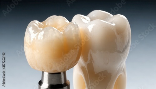 Dental clinic implants consultation concept. Close-up of two dental crowns showcasing detailed tooth anatomy and ceramic material finish.