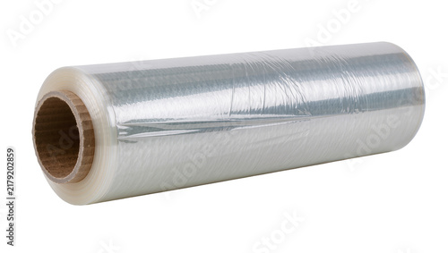 Clear plastic wrap roll with cardboard core, isolated on transparent background