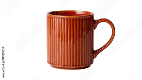Obraz na plátne Glossy ribbed terracotta ceramic mug with handle, isolated on transparent backgr