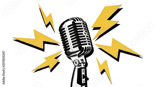 Vintage microphone emitting yellow lightning bolts, isolated on transparent background
