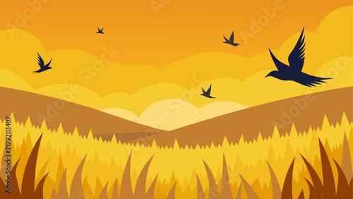Birds flying over golden hills landscape