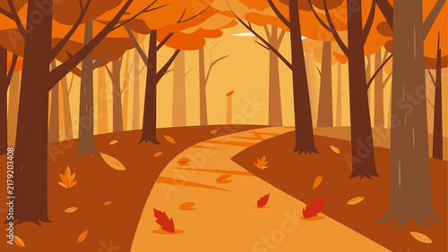 Autumn forest path with falling leaves art