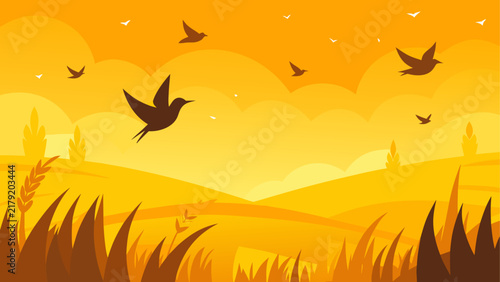 Birds flying over golden field landscape