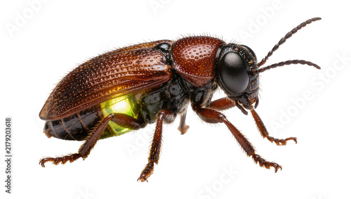 Konstfotografi Brown beetle with glowing green abdomen, isolated on transparent background