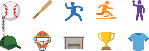 A comprehensive baseball vector illustration icon set featuring various sports equipment player actions and championship trophies for professional athletic design projects