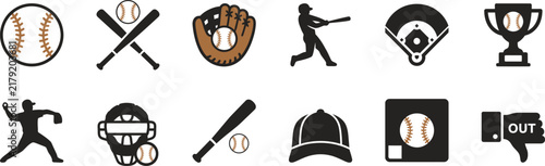 A professional collection featuring a detailed baseball vector illustration icon set displaying various sports equipment and player actions for graphic design projects