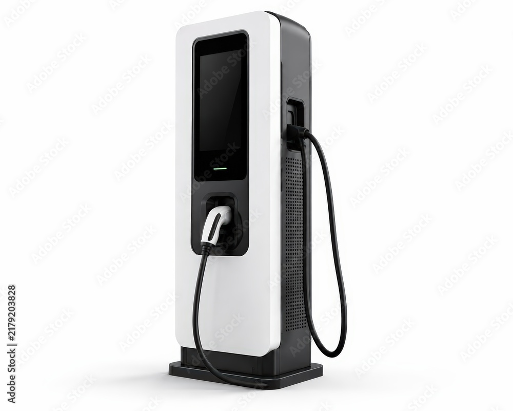 Fototapeta premium Modern EV Charging Station with Touchscreen and Cable on White