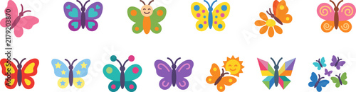 A colorful butterfly vector illustration icon set featuring various artistic insect designs isolated on a clean white background for creative projects